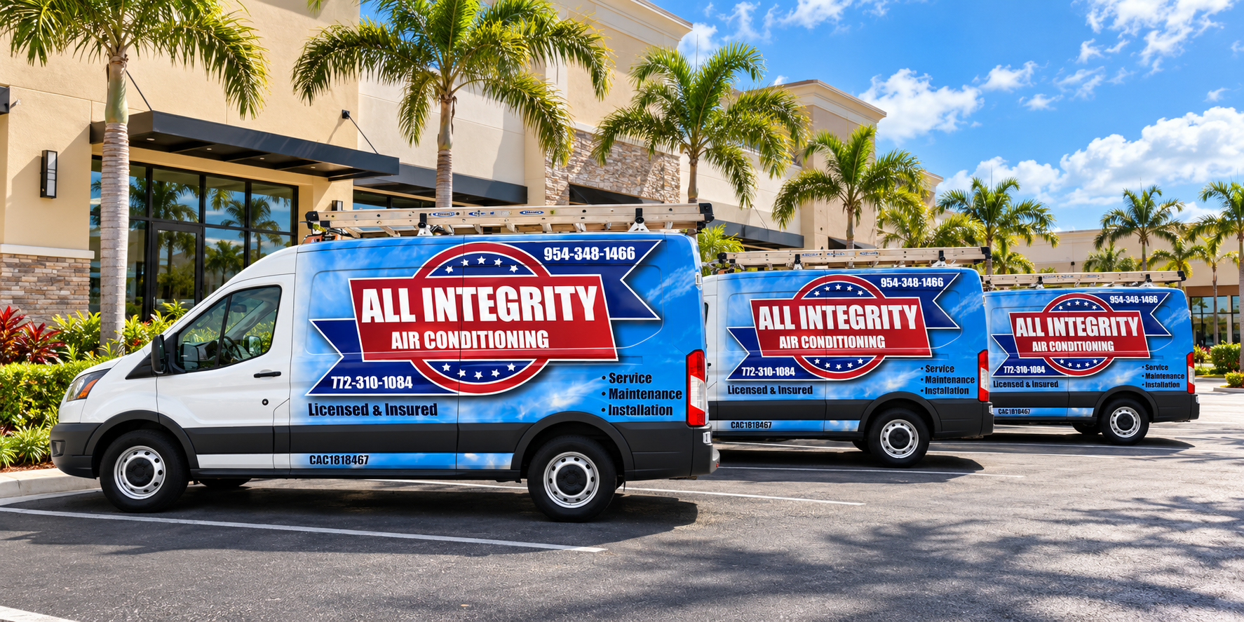 Promotional image of three All Integrity Air Conditioning vans beside a business plaza