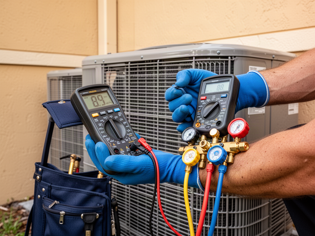 Illustration of AC diagnostic tools beside an outdoor condenser