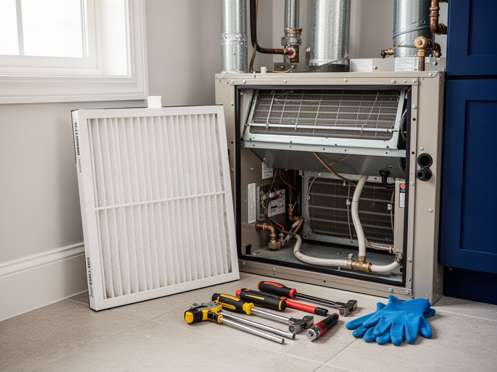 Illustration of an air filter and maintenance tools beside cooling equipment